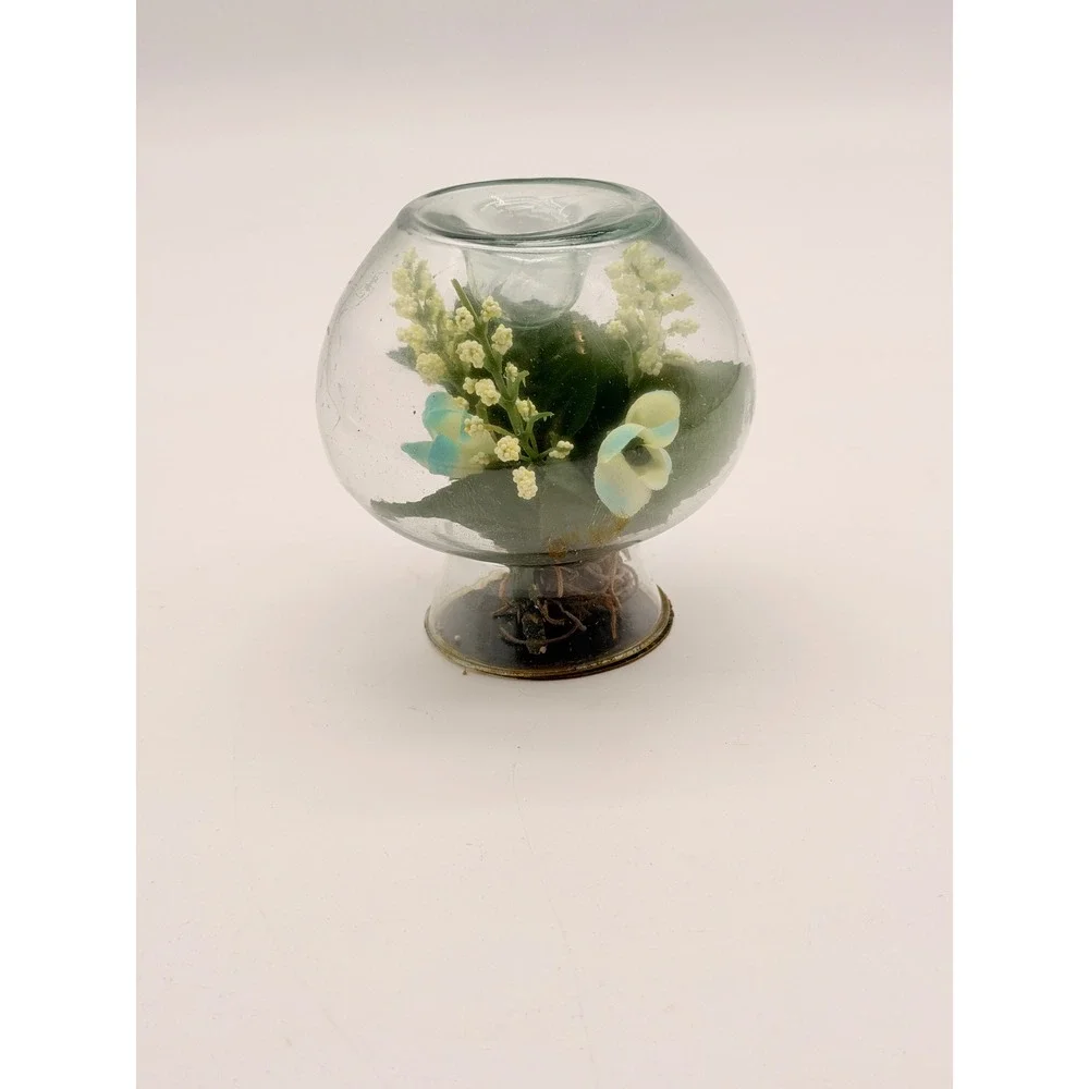 Vintage Glass Globe Terrarium Candle Holder Faux Floral Blue White Flowers 4.5in